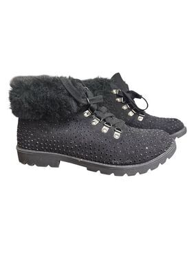 Justice Girls Black Faux Fur Ankle Boots Size 9 Rhinestone Lace Up